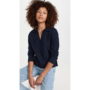 MONROW Women Navy Blue Checkered Boxy V-Neck Polo Long Sleeve Sweater Top Medium